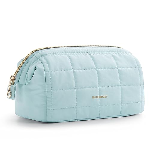BAGSMART Makeup Bag Travel Toiletry Bag, Puffy Padded Make Up Bags for Women Makeup Organizer Case, Wide-open Pouch Purse Travel Essentials Toiletries Accessories Brushes, Light Blue - color: 13-Mint Green