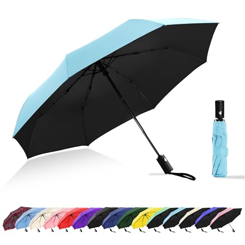 Travel Umbrella UV Sun Protection - Compact Mini Travel Size Automatic Windproof for Backpack or Purse, Lightweight Outdoor Parasol - color: Light Blue