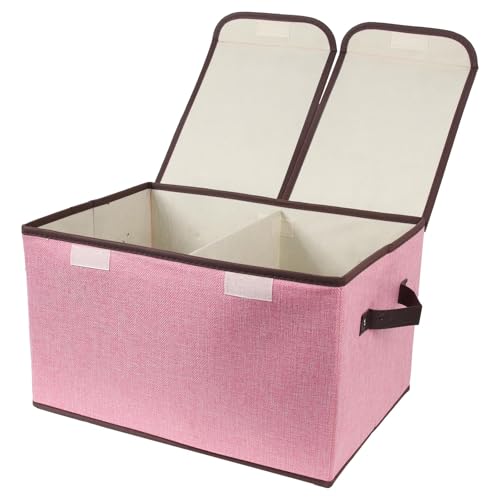 Foldable Fabric Storage Box, 16.5 x 11.8 x 9.8 inches (L x W x H), with Double-Lid & Dividers, Large Organizer for Home, Closet, Office(Pink) - color: Pink, size: 1 Pack