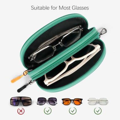 Double Eyeglasses Case Soft Portable Zipper Sunglasses Pouch with Keychain Clip for Men Women - color: Green Pu
