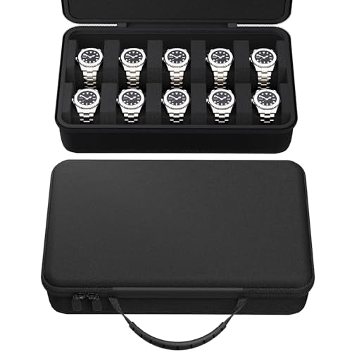 10 Slot Watch Box - Hard Shell EVA Watch Travel Case - Portable Storage Organizer for Men Fits Large Watches Up to 55mm - Black