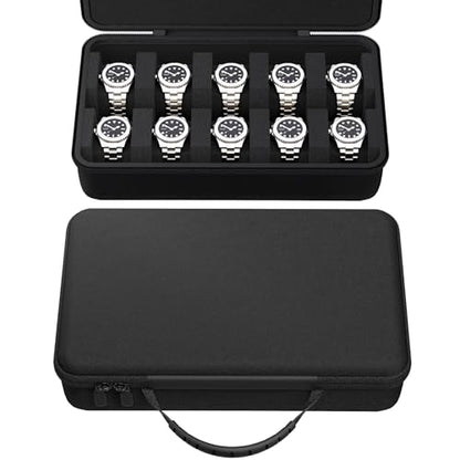10 Slot Watch Box - Hard Shell EVA Watch Travel Case - Portable Storage Organizer for Men Fits Large Watches Up to 55mm - Black