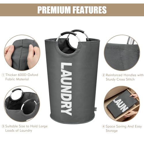 DOKEHOM 90L Large Laundry Basket, Collapsible Laundry Bag, Freestanding Tall Clothes Hamper, Foldable Washing Bin (Dark Grey) - color: Dark Grey, size: 90L