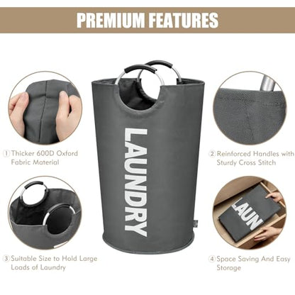 DOKEHOM 90L Large Laundry Basket, Collapsible Laundry Bag, Freestanding Tall Clothes Hamper, Foldable Washing Bin (Dark Grey) - color: Dark Grey, size: 90L
