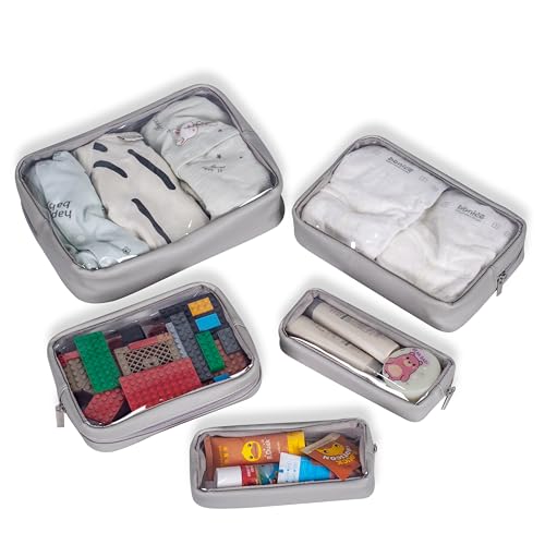 Remobia Hicol TSA Approved 5-Piece Diaper Bag Organizer Pouch Set Clear Waterproof TPU Kids Toiletry Storage Set Travel Packing Clutch Cube Bags for Baby Nursing (Light Gray) - color: Light Gray Leather
