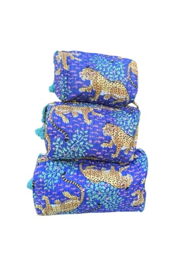 YILLE Set of 3 Pieces Block Printed Travel Organizer Kit Storage Bag for Women Makeup Bag Travel Cosmetic Bag (Blue Cheetah) - color: Blue Cheetah