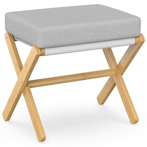 BAMBOOHOMIE Foldable Foot Stool Ottoman, Modern Foot Rest with Bamboo X Legs & Thick Foam Cushion, Folding Foot Stools Small Padded for Bedroom Living Room, Footstool for Chair Couch (Natural - Grey) - color: Natural - Grey