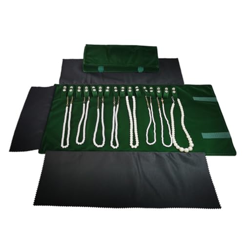 Premium Jewelry Roll Organizer for 16 Necklaces 55cm x 29cm Metal Snap & Velcro Closure - Ideal for Travel and Storage (Green) - color: Green