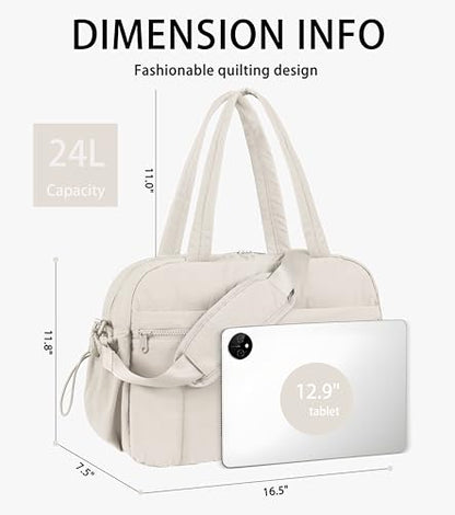 Lightweight Travel Duffle Bag for Women, Quilted Puffy Weekender with Wet Pocket for Gym, Overnight, Personal Item Carry On, Beige - color: Beige