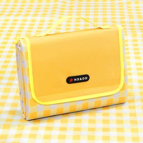 HX&OD Picnic Blanket Outdoor Extra Large Picnic Mat 80"X60" Camping Blanket Beach Blanket Foldable Waterproof Sand Mat Hiking Travel Family Concerts(Yellow) - color: Yellow, size: 80”x 60”
