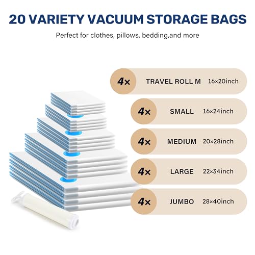 Simple Deluxe Vacuum Storage Bags 20 Pack, Space Saver Bags with Hand Pump, Vacuum Seal Bags for Clothing Travel, Comforters, Blankets, Bedding, Pillows (4 Jumbo/4 Large/4 Medium/4 Small/4 Roll M) - size: 20 Combo
