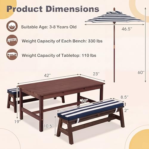 HONEY JOY Kids Picnic Table, Large 42” x 23” Tabletop, Fir Wood Toddler Outdoor Table & Bench Set w/Removable Cushions & Umbrella, Children Backyard Furniture for Patio Garden, Seats for 4 (Blue) - color: Blue