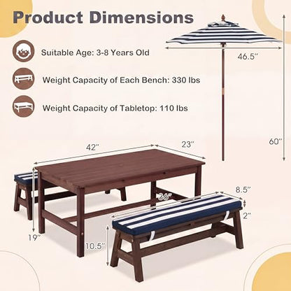 HONEY JOY Kids Picnic Table, Large 42” x 23” Tabletop, Fir Wood Toddler Outdoor Table & Bench Set w/Removable Cushions & Umbrella, Children Backyard Furniture for Patio Garden, Seats for 4 (Blue) - color: Blue