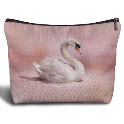 Pink White Swan Makeup Bag, Swan Animal Lovers Gifts Cosmetic Bags for Women, Pink Preppy Elegant Animal Makeup Zipper Pouch - color: Pink White Swan