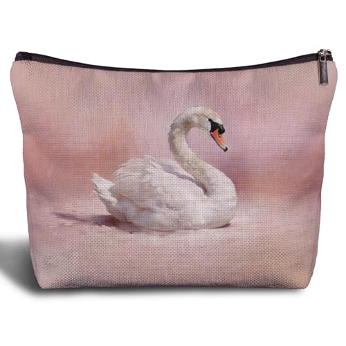 Pink White Swan Makeup Bag, Swan Animal Lovers Gifts Cosmetic Bags for Women, Pink Preppy Elegant Animal Makeup Zipper Pouch - color: Pink White Swan