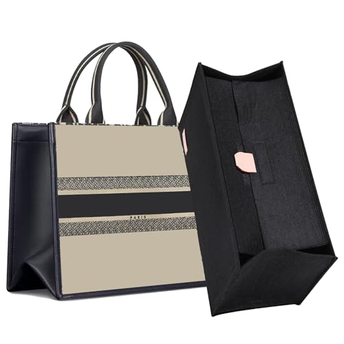 Doxo Purse Organizer Insert, Felt Bag Organizer Insert with Zipper, Tote Organizer Perfect for Lv Onthego MM & D Book Tote Medium (Black-With Cover) - color: Black-With Cover, size: Medium Book Tote/On The Go MM