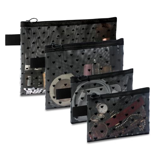 4-Piece Heart Printed Mesh Makeup Bag Set, Portable Travel Mesh Cosmetic Bags Toiletry Bags Makeup Purse Bags Mesh Zipper Storage Pouches for Home Offices Travel Accessories (Black) - color: Black, size: 4PCS