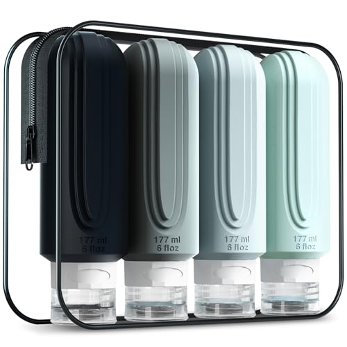 Mrsdry Travel Bottles for Toiletries, Large 6oz Oversize Containers, BPA Free Leak Proof Tubs Refillable Liquid Traveler Accessories with Toiletry Bag for Cometic Shampoo and Lotion Soap (4 Pack) - color: Grey-6oz