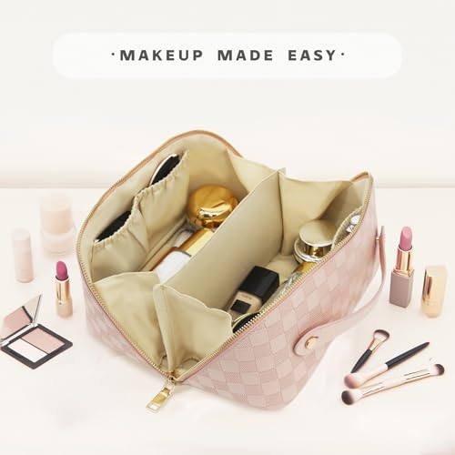 Travel Makeup Bag – Large Cosmetic Organizer with Waterproof PU Leather, Smooth Double Zipper & Tear-Resistant Lining, Toiletry Pouch for Women (Pink) - color: 02-Pink