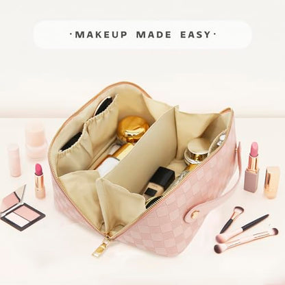 Travel Makeup Bag – Large Cosmetic Organizer with Waterproof PU Leather, Smooth Double Zipper & Tear-Resistant Lining, Toiletry Pouch for Women (Pink) - color: 02-Pink