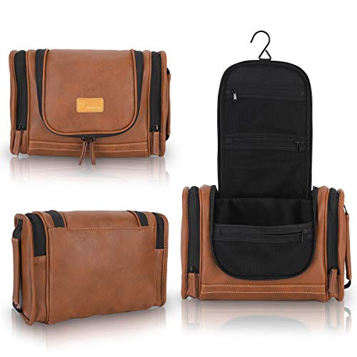 MIRASON Travel Toiletry Bag, Hanging Toiletry Bag for Men, Leather Travel Shower Bag for Toiletries Dopp Kit Bathroom Bag with Metal Hook, Gift for Men (Brown) - color: Brown
