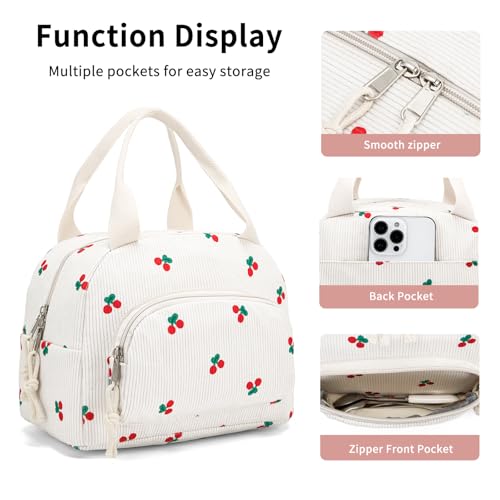 Lunch Bag Women Lunch Box for Women Adult Cute Insulated Lunch Bag Small Cooler Lunch Tote Bags for Work Picnic Travel (Beige-Cherry) - color: Beige-Cherry