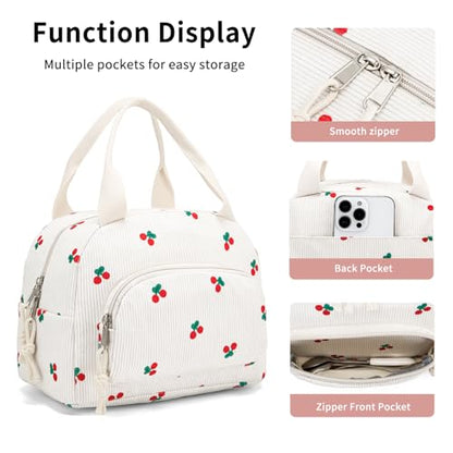 Lunch Bag Women Lunch Box for Women Adult Cute Insulated Lunch Bag Small Cooler Lunch Tote Bags for Work Picnic Travel (Beige-Cherry) - color: Beige-Cherry