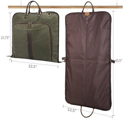 Polare Waxed Canvas Full Grain Leather Trim Garment Carry On Bag for Travel, Foldable Hanging Suitcase Weekender Dust-Proof Garment Waterproof Cover with YKK Zipper and Adjustable Strap (Army Green) - color: Army Green