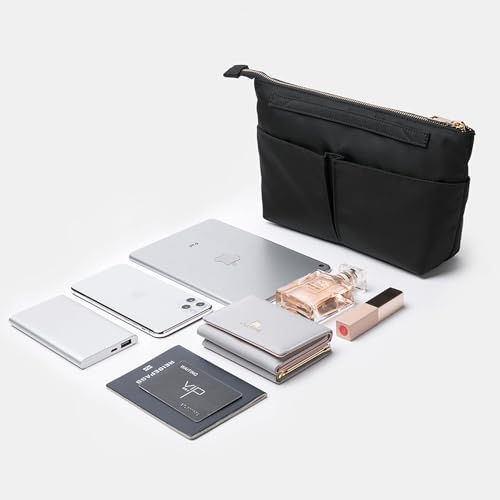 Cosmetic Bag Storage Organizer Insert Lightweight Waterproof Nylon Fabric with Zipper Closure Ideal for Travel Tote Bags（nylon-black） - color: Nylon-black