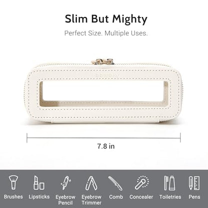 Aveniee Clear Makeup Brush Bag,Slim Cosmetic Brush Holder,Small Toiletry Bag Mini Travel Case for Women,Thin Make up Bags with Dual Zipper,Cute Travel Essentials Organizer,White - color: Off-White, style: Slim Elegance