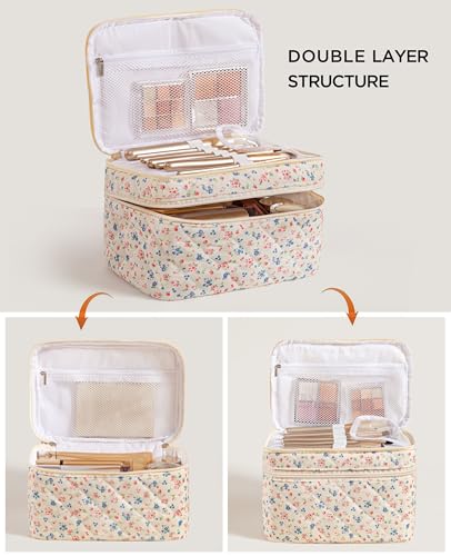HBselect 2Pcs Travel Makeup Bag, Large Cotton Quilted Makeup Bag Cosmetic Bag Cute Make up Bag Toiletry Bags for Women Girls - color: 2PCS-FLOWER3