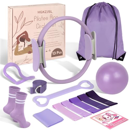 Pilates Kit for Women 13PCS, Pilates Ring and Ball Set with Magic Circle, Resistance Bands Set, Figure 8 Band, Yoga Ring & Grip Socks, Home Workout Equipment Essentials Starter Kit for Beginners - color: Lavender