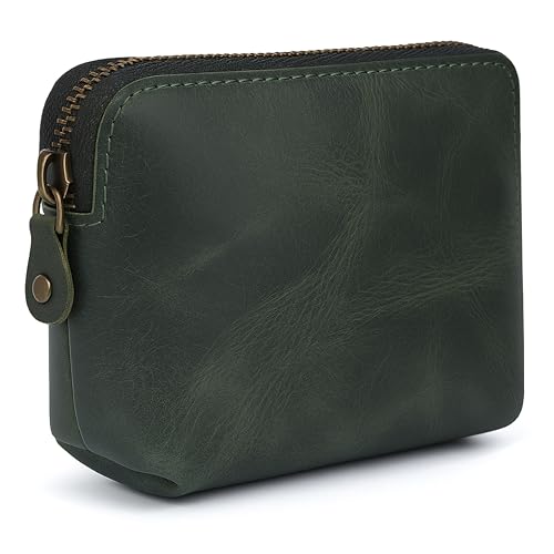 Full Grain Leather Cosmetic Bag – Zippered Makeup Pouch for Women, Small Travel Toiletry & Organizer Pouch for Purse, Premium Handmade Leather (5 × 4 × 2.5 in) - color: Green