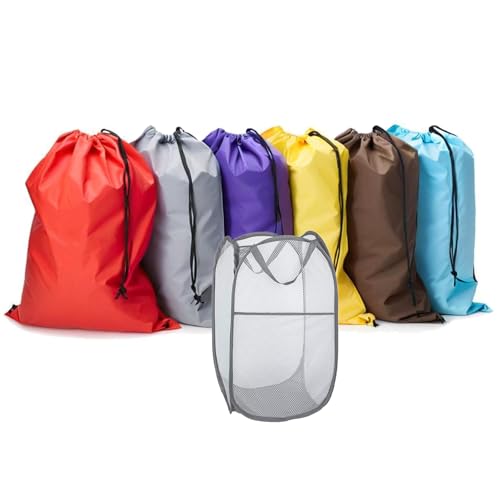 Extra Large Laundry Bags 6 Pack with 1 Pack Pop Up Hamper, Varied Colors Travel Laundry Bags 30"x40", Foldable Mesh Laundry Basket, for college dorm and apartment dwellers (7PCS) - color: Mixcolor with hamper