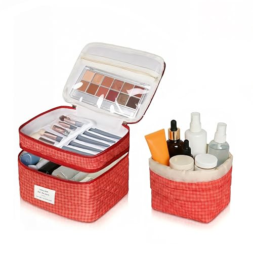 Gosect Makeup Bag, Quilted Cosmetic Bag Set, Drawstring Makeup Bag with Canvas Lining, Large Floral Toiletry Bag for Women Girls, Cute Cotton Flower Travel Organizer Bag(Red Flower - color: Red Flower