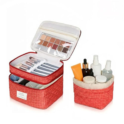Gosect Makeup Bag, Quilted Cosmetic Bag Set, Drawstring Makeup Bag with Canvas Lining, Large Floral Toiletry Bag for Women Girls, Cute Cotton Flower Travel Organizer Bag(Red Flower - color: Red Flower