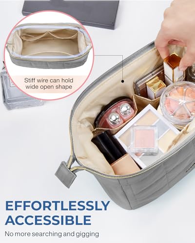 BAGSMART Makeup Bag Travel Toiletry Bag, Puffy Padded Make Up Bags for Women Makeup Organizer Case, Wide-open Pouch Purse Travel Essentials Toiletries Accessories Brushes, Gray - color: 06-Grey