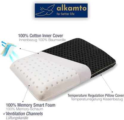 alkamto Travel & Camping Comfortable Memory Foam Pillow – Easy to Carry Portable Bag – Temperature Regulating Pillow Case (Black) - size: Black Travel