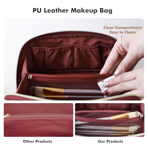 Prite Makeup Bag for Women Travel Waterproof Vegan Leather Cosmetic Bag Open Flat Toiletry Bag With Clear Divider and Handle (Dark Red, Medium) - color: Dark Red, size: Medium