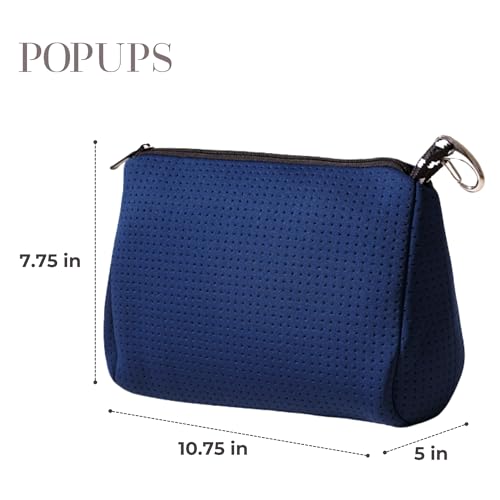 POPUPS Large Makeup Bag with Zipper, Deep Blue - Waterproof Neoprene Cosmetic Bag 7.7 x 10.75 x 5 inches - color: Basic Deep Blue