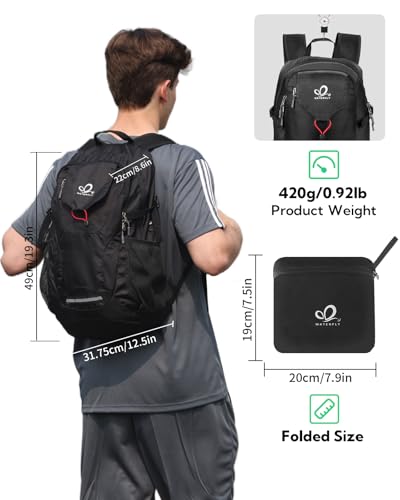 WATERFLY Lightweight Packable Hiking Backpack: 30L Foldable Travel Daypack Ultralight Camping Day Pack for Woman Man - color: Black