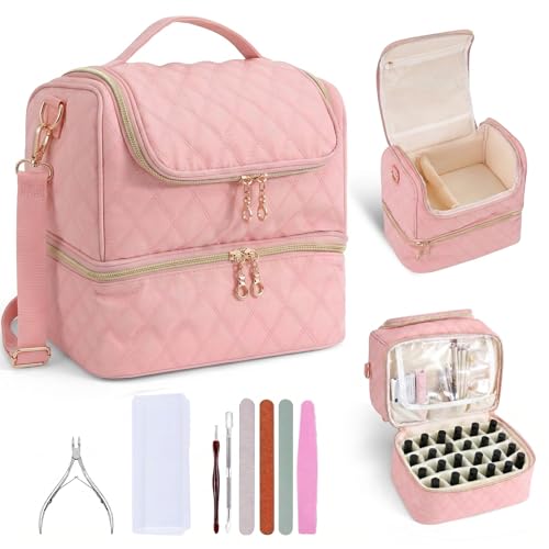 BAGCRAZY Nail Polish Organizer Case, Double Layer Nail Supplies Storage Bag holds 24 Bottles & UV/LED Lamp, Quilted Portable Manicure Travel Case with 8 Pcs Tools, for Nail Tech, Home & Salon, Pink - color: Pink