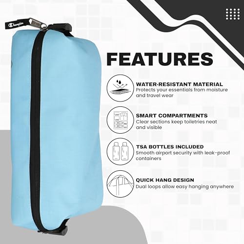 Champion - Hanging Toiletry Bag - Travel Sized Polyester Bag — Water-Resistant, Cosmetics Organizer Bag with Two Compliant Bottles - Lightweight Portable Zipped Bag for Unisex – Blue - 10"x3.9"x3.9" - style: Cendre Blue