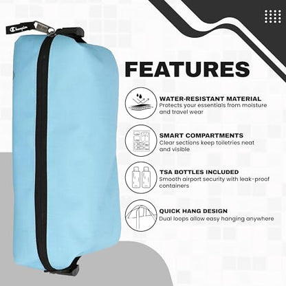 Champion - Hanging Toiletry Bag - Travel Sized Polyester Bag — Water-Resistant, Cosmetics Organizer Bag with Two Compliant Bottles - Lightweight Portable Zipped Bag for Unisex – Blue - 10"x3.9"x3.9" - style: Cendre Blue