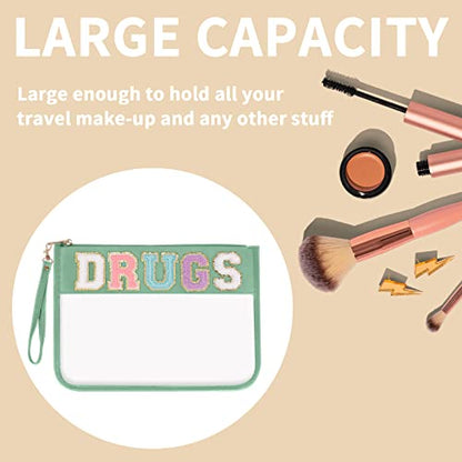 Iqimott Chenille Letter Clear Bag Drugs Pouch, Monogram PVC & PU Makeup Cosmetic Bag Zipper Toiletry Pouch, Waterproof Portable Purse Travel Beach Snack Wristlet Bags for Women Girls(Drugs,Green) - color: Drugs-NewGreen