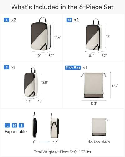 LUGGEX Compression Packing Cubes for Travel, 6 Set Lightweight Luggage Organizer Bags with Shoe Bag, Space Saving Suitcase Packing Cubes for Carry-On with Breathable Mesh, Double-Zipper (POX01, Beige) - size: 6 Set - 2 Large Cubes
