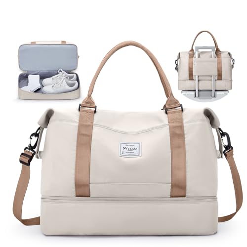 Travel Duffel Bag with Shoes Compartment, Overnight Weekender Bags for Women,Carry on Personal Item Bag - color: A-Beige & Brown, size: Large