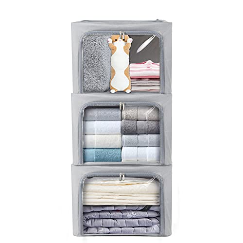 Clothes Storage Box Bins Stackable Foldable Organizer with Metal Frame for Clothing Bedding Shelves,Closet Container with Clear Window Zipper and Label Holder (Gray,Small-40L x3 Pack) - color: Gray,Small-40L x3 Pack