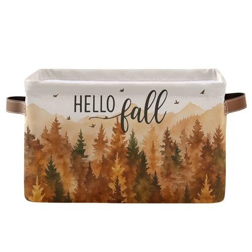 Wamika Hello Fall Forest Storage Basket with Waterproof Liner and PU Handles Maple Leaves Pine Tree Storage Bins Boxes 14.2" Collapsible Decorative Organizer Baskets for Bedroom Closet Office 1 Pack - color: Hello fall, size: 1 Pack