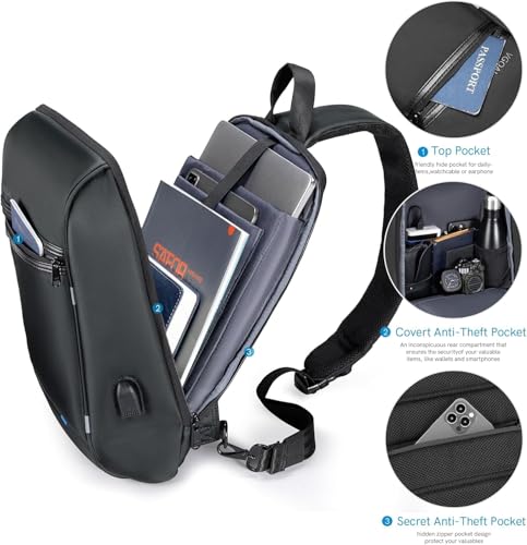 Kingsons 13" Anti-Theft Laptop Sling Backpack. Waterproof nylon, USB port. Ideal for travel, hiking, camping. (FG6301-Black) - color: Fg6301-black